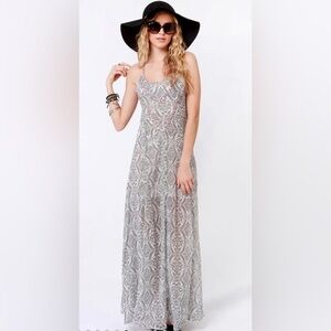 Roxy World Waiting Grey Damask Print Maxi Dress